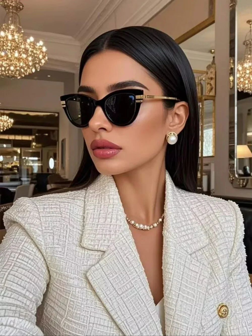 Black Cat-Eye Sunglasses with Gold Accents - Designer Style